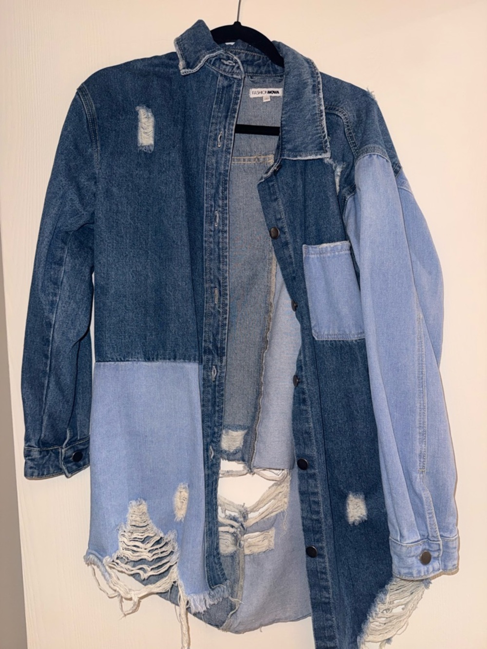 Fashion Nova Two-Tone Distressed Denim Jacket - Dark & Light Blue